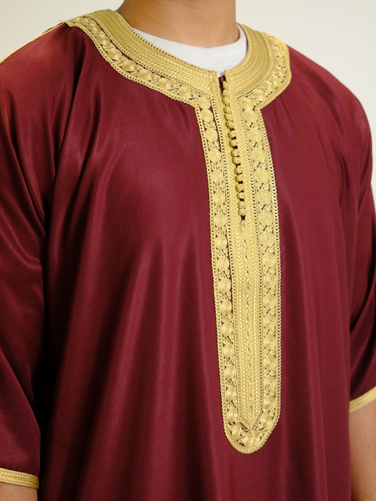 Maroon & Gold Zipped Moroccan Gandoura